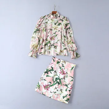 

Elegant Women 2 Piece Set 2019 Autumn Pink Floral Printed Long Sleeve Silk Blouse+ Cotton Mini Skirt women sets clothes