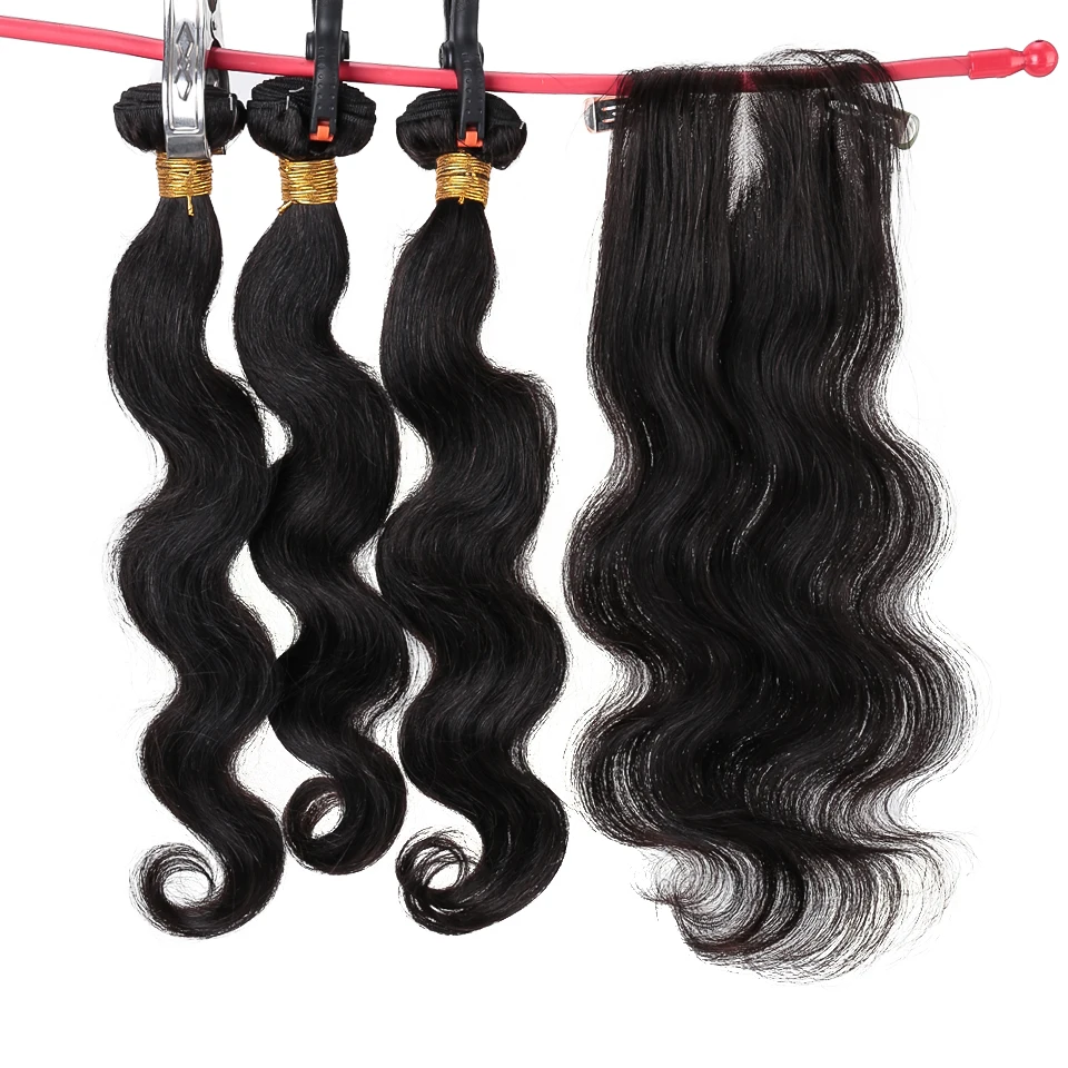 

Salonchat Brazilian Body Wave Hair Weave 3 Bundles with Closure Double Weft Remy Human Hair Bundles with Closure Hair Extension