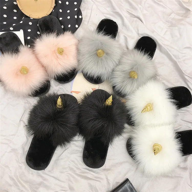 COOTELILI Winter Women Home Slippers with Faux Fur Fashion Warm Shoes Woman Slip on Flats Female Slides Black Christmas Gift