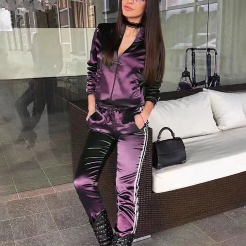 

LASPERAL 2019 HOT SALE Casaul Tracksuit Women 2 Piece Set Top+Pant Satin Striped Patchwork Zipper Sexy Sweatshirt Sweat Suit