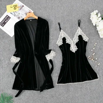 

Black Women 2PCS Robe Set Velour Kimono Bethrobe Gown Lace Sexy Sleepwear Female Nightgown Velvet Autumn Winter Home Clothing