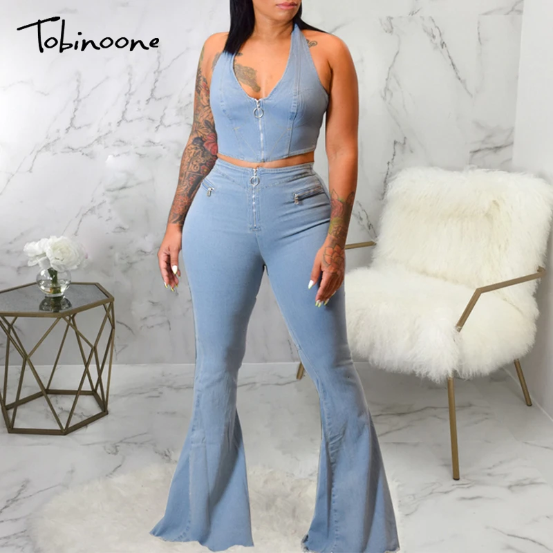 

Tobinoone Women's Denim Jumpsuits 2019 Rompers Zipper Pants Elastic Waist Overalls Casual Jeans Blue Playsuits Combinaison Femme