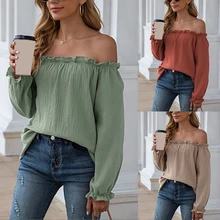 

Women's Stitching Long-sleeved One-shoulder 2021 Spring Long-sleeved T-shirt O-neck Sexy Drop-shoulder Loose Top Women Clothing