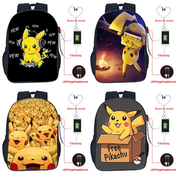 

High Quality Pokemon Pikachu Eevee Gengar USB Charge Backpack Students Boys Girls School Bags Fashion Teens Men Laptop Mochila