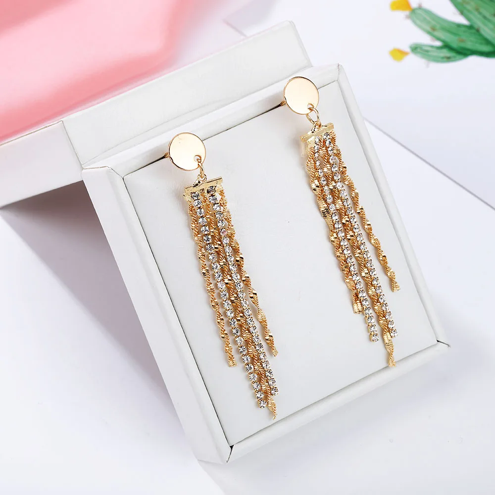 HanCheng новые модные Висячие золотые подвесные кисточки круглые серьги Стразы для
