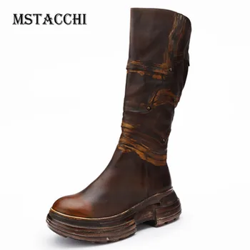 

MStacchi Woman Rubbing Color Pleated Sewing Mid-calf Boots Do Old Colour Mixture Knightly Boots Female Round Toe Zipper Bottes