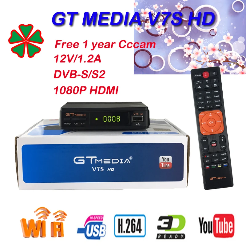 

GTMEDIA V7S HD smart Satellite Decoder 1080P DC USB2.0 12V/1.2A DVB-S2 +USB WiFi+1 Free Spain Europe cccam tv box freesat v7s HD