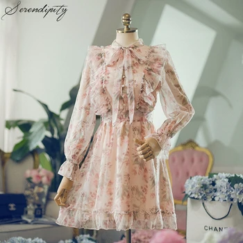 

Floral Print Bow Sweet Ruffle Dress Chiffon Women Casual Lace Up Elegant Mini Dress Waisted Buttons Fairy Maiden Summer Vestidos