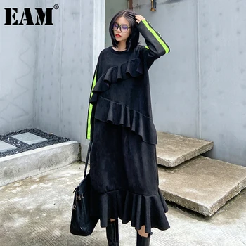 

[EAM] Women Black Striped Ruffles Big Size Long Dress New Round Neck Long Sleeve Loose Fit Fashion Spring Autumn 2020 1DD0031