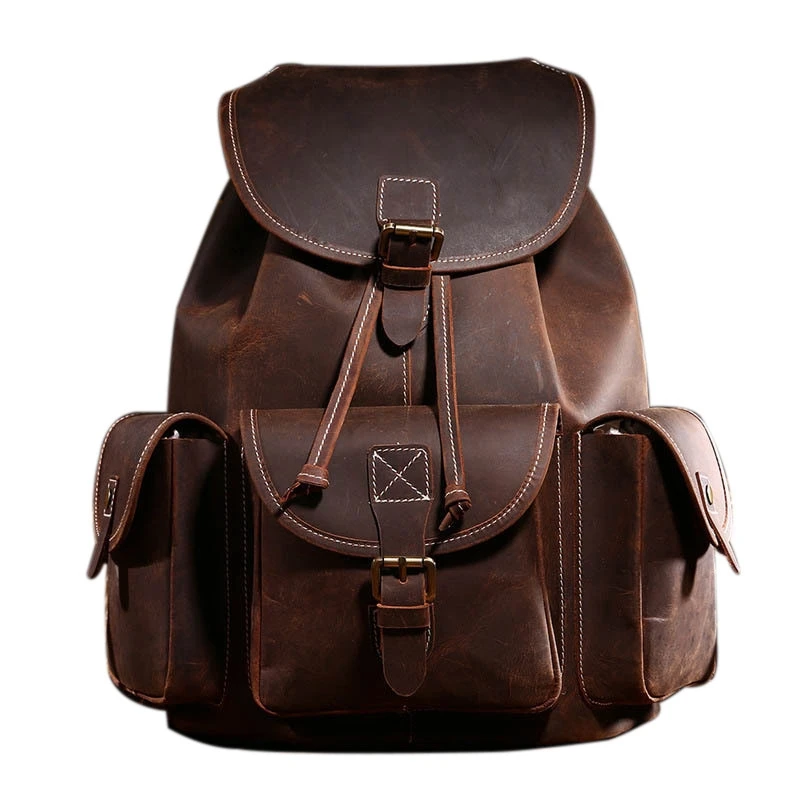 

LJL-BAOERSEN Crazy Horse Cowhide First Layer Knapsack Male Computer Bag School Bags Vintage Leather Rucksack Men Backpack