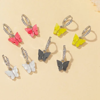 

Fashion Dangle Earrings Rhinestone Colorful Cute Acrylic Butterfly Earrings For Women Korean Female Lady Jewelry Gift