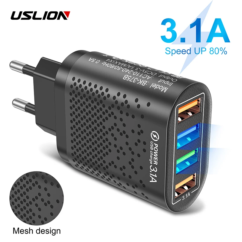 USLION 48W USB Charger Fast Charge QC 3.0 Wall Charging For iPhone 12 11 Samsung Xiaomi Mobile 4 Ports EU US Plug Adapter Travel 65w fast charger