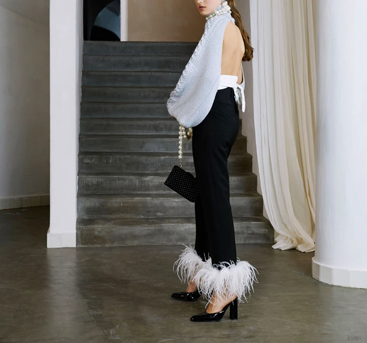 WHITNEY WANG осень-зима модная уличная одежда с эластичной резинкой на спине и перьями, женские брюки для офиса