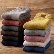 Женские зимние толстые теплые однотонные модные шерстяные носки Высокое качество вышивка смайлик повседневные хлопковые носки 5 пар