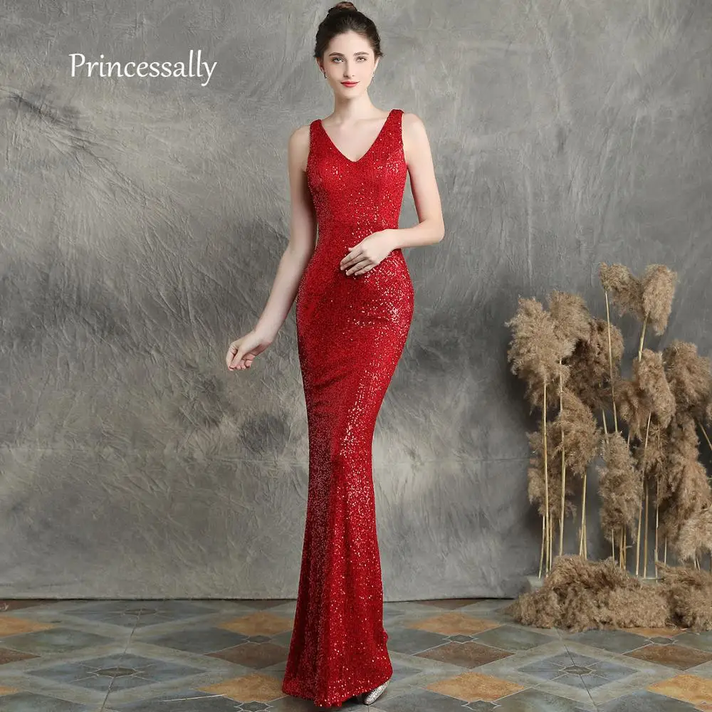 Vestido noche de lentejuelas Rojas, alfombra larga de sirena para cena, vestidos de gala largos mangas, vestidos de regreso a casa rojos, nuevo - AliExpress