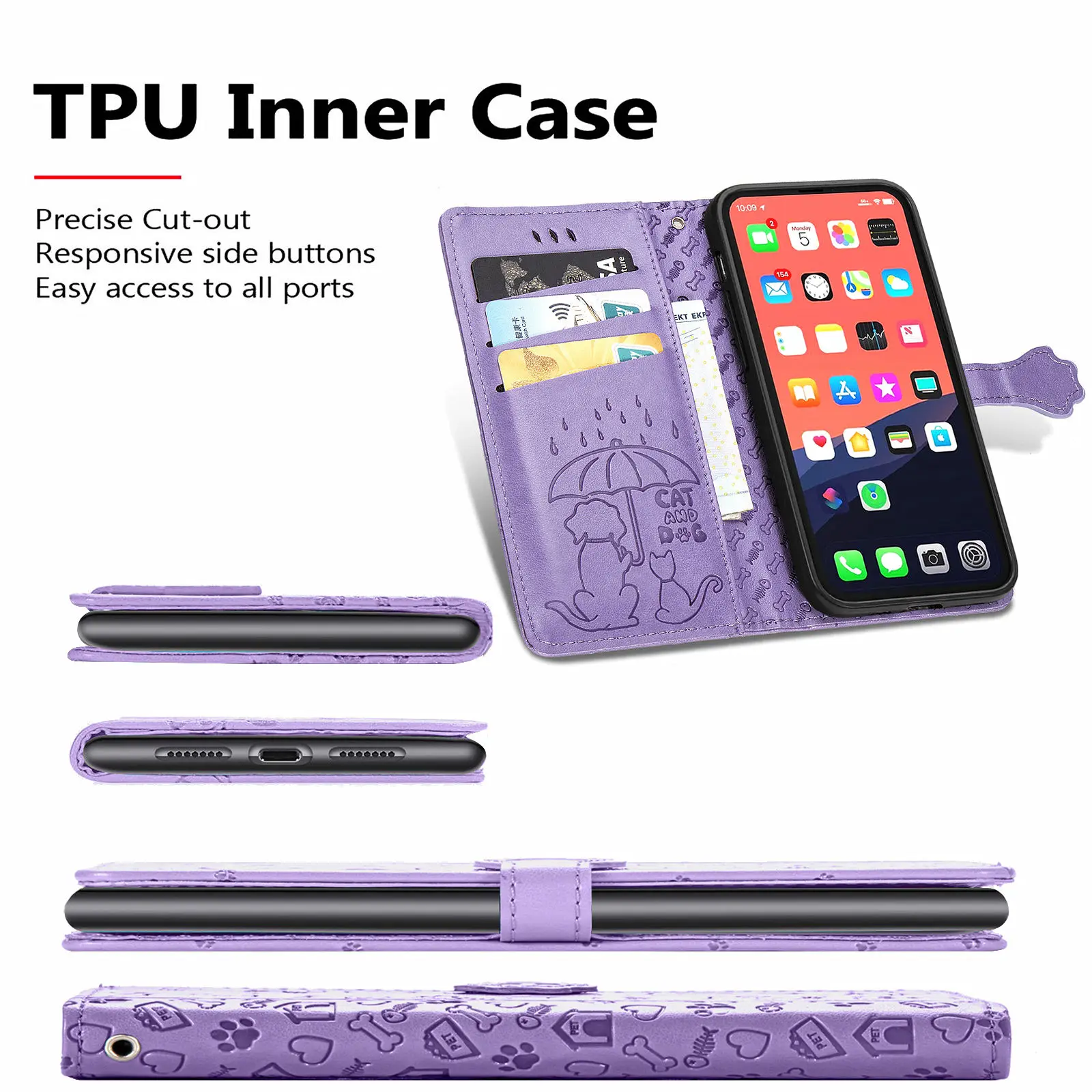 Iphone 13ミニ、iphone 13最大 (2021) 財布ケース、猫犬puレザークレジットカードホルダー保護ブックケース