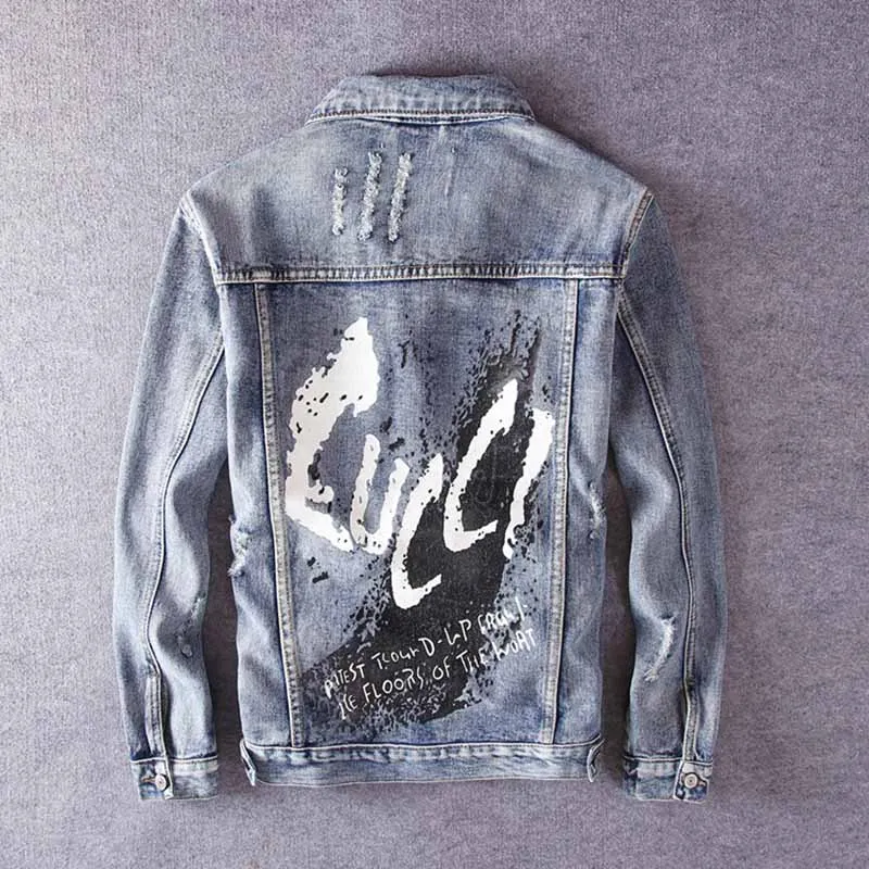 KIOVNO Men Ripped Punk Denim Jackets Coats Printed Distressed Jeans Jackets Outwear Male Streetwear Clothing  (8)