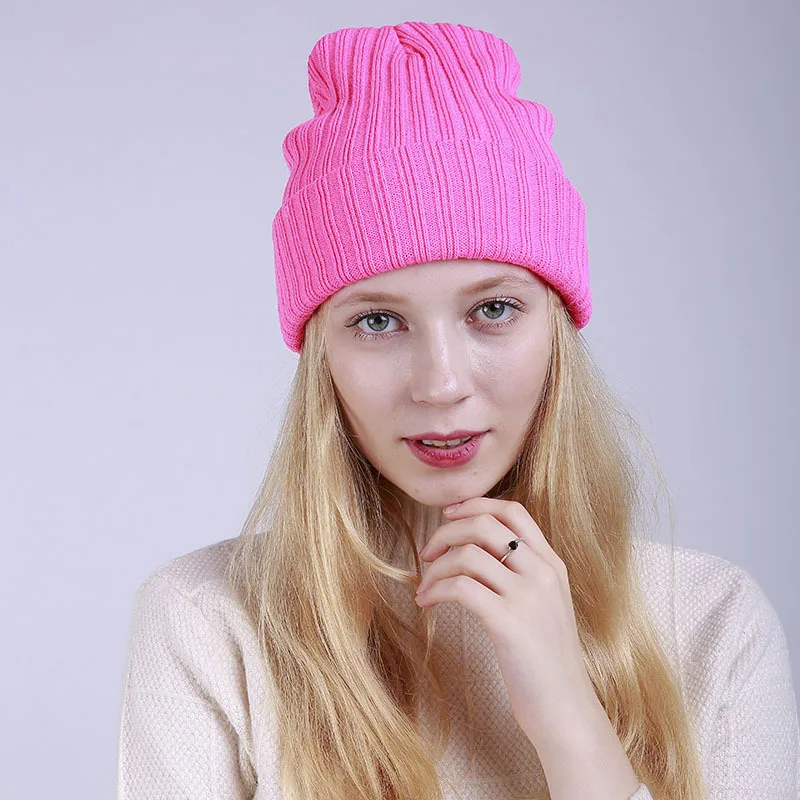 

New Style Autumn & Winter Solid Color Straight Stripes Crimping Double Layer Warm Women's Knitted Wool Hat Classic Style Ski Cap