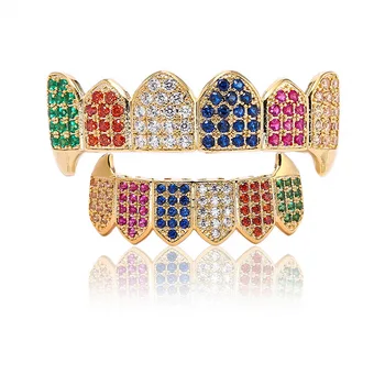 

Hip Hop Gold Color Vampire Fangs Grillz Multi-Color Micro Pave CZ Bling Cubic Zirconia Top & Bottom Teeth Grillz