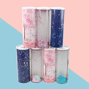 

New Quicksand Translucent Creative Multifunction Cylindrical Pencil Box Case School Stationery Pen Holder Pink Blue Calculator