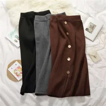 NiceMix зимняя винтажная однобортная теплая трикотажная юбка для женщин, коричневый, черный цвет, женские вязаные юбки с разрезом, Гибкая эластичная талия