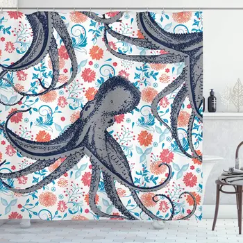 

Nautical Shower Curtain Sealife Sea Monster Octopus Kraken with Tentacles and Colorful Flowers Cloth Fabric Bathroom Decor