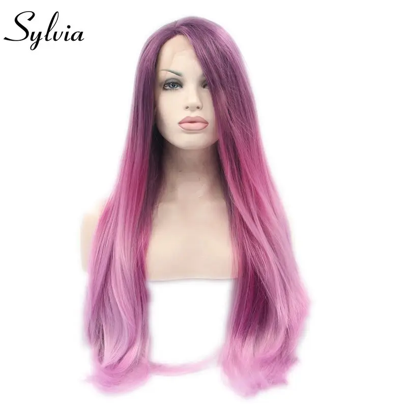 

Sylvia Red Purple Ombre Synthetic Lace Front Wigs Long Silky Straight Free Part Long Heat Resistant Fiber Hair For Women