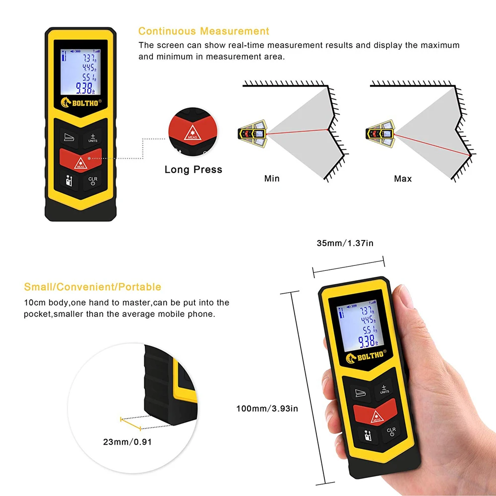 BOLTHO лазерный измеритель дальности 98Ft/30 M/In/Ft, портативный Высокоточный ЖК-дисплей с подсветкой