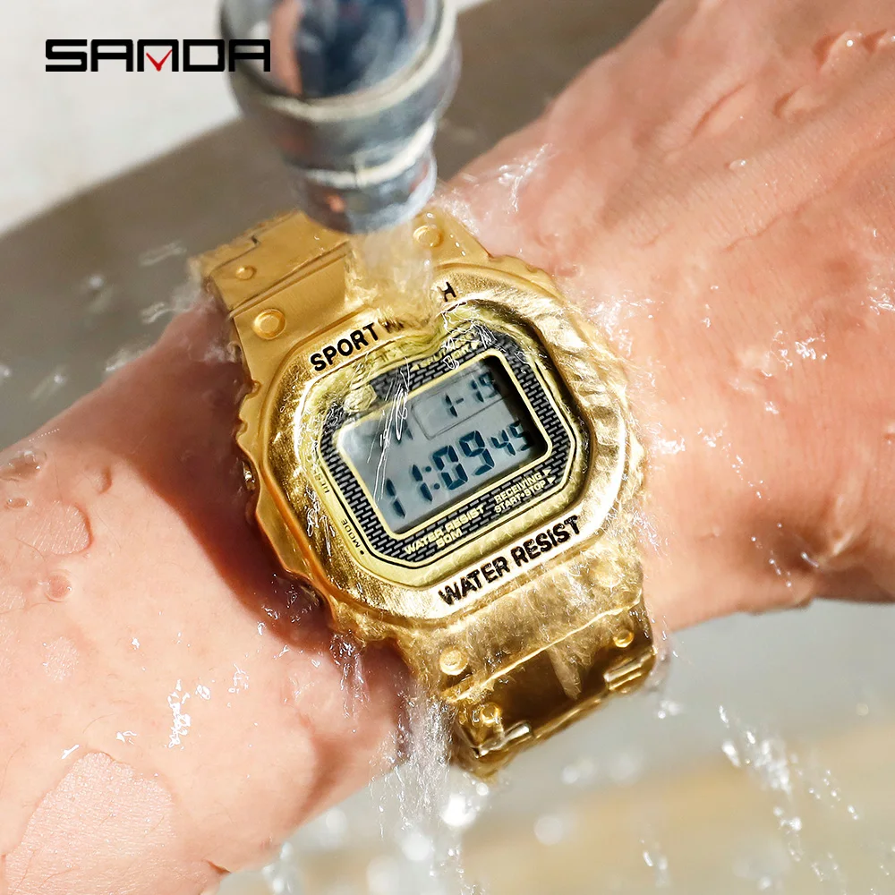 

SANDA Gold Men's Watches Top Brand Luxury LED Digital Watch Men 5ATM Waterproof Rose Golden Clock Black Relogio Masculino 390