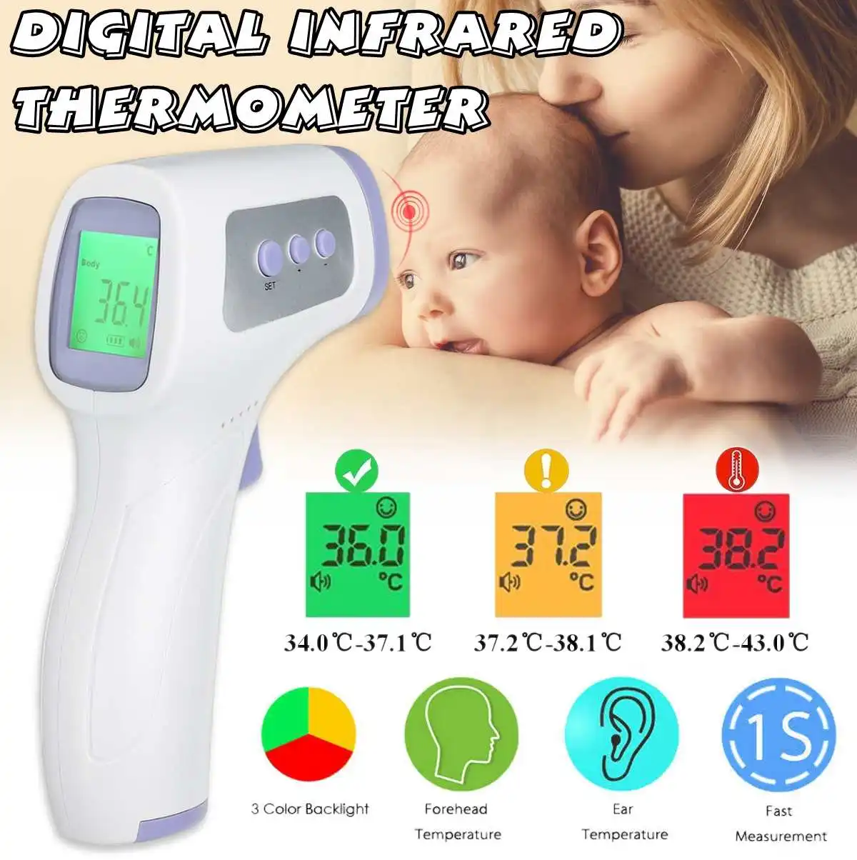 

Non-Contact Body Infrared Forehead Thermometer For Adults And Children With Lcd Display Digital Laser Temperature Tool 3 Color