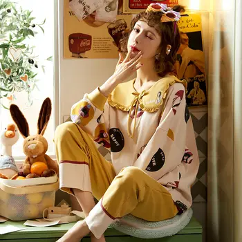 

Pajamas women's long-sleeved cotton thin section Korean home service cute loose knitted cotton two-piece suit autumn and winter