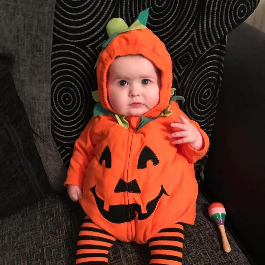 Halloween Newborn Baby Girls Pumkin Print Zipper Hooded Romper Bodysuit Costume