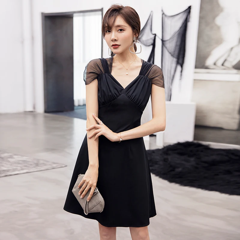 

YIGELILA Fashion Summer Little Black Dress Short Above-knee Dress Sexy Back Lace Empire Slim A-line Dress 65095