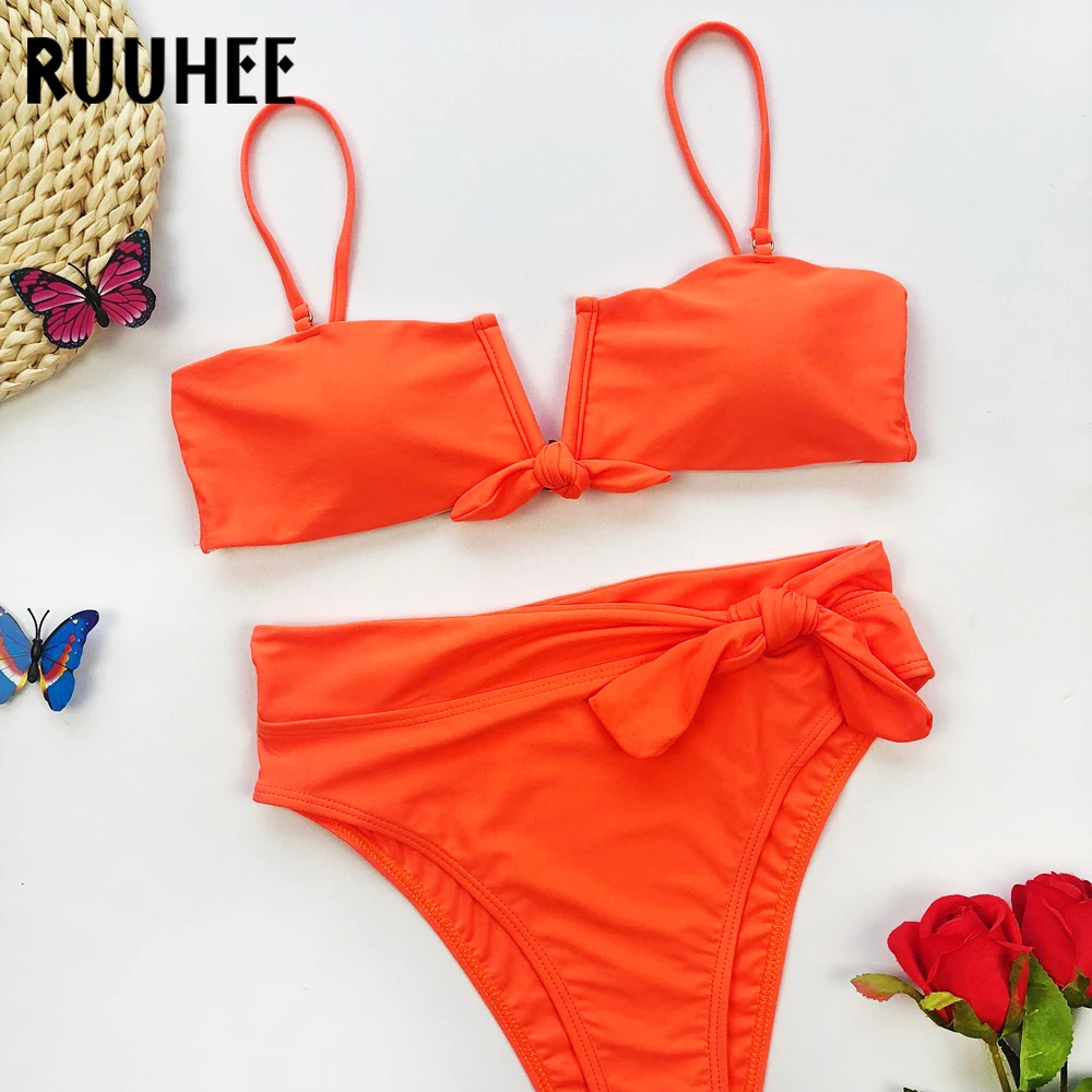 RUUHEE, винтажный Одноцветный купальник бикини в горошек, женский купальник с узлом, комплект бикини, купальный костюм, высокая талия, бикини, прокладки, пляжная одежда