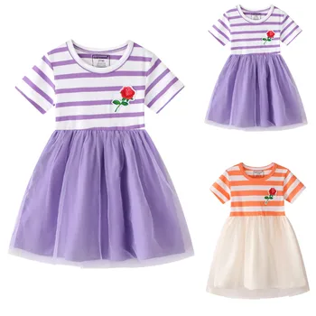 

Toddler Kids Baby Girls Stripe Floral Princess Paillette Tulle Dress Outfits Short-sleeved striped flower mesh stitching