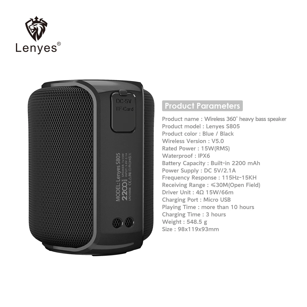 Lenyes мини беспроводные колонки 360 градусов тяжелый бас 10 часов воспроизведения V5.0 сабвуфер Bluetooth громкоговоритель Громкая связь водонепроницаемый S805