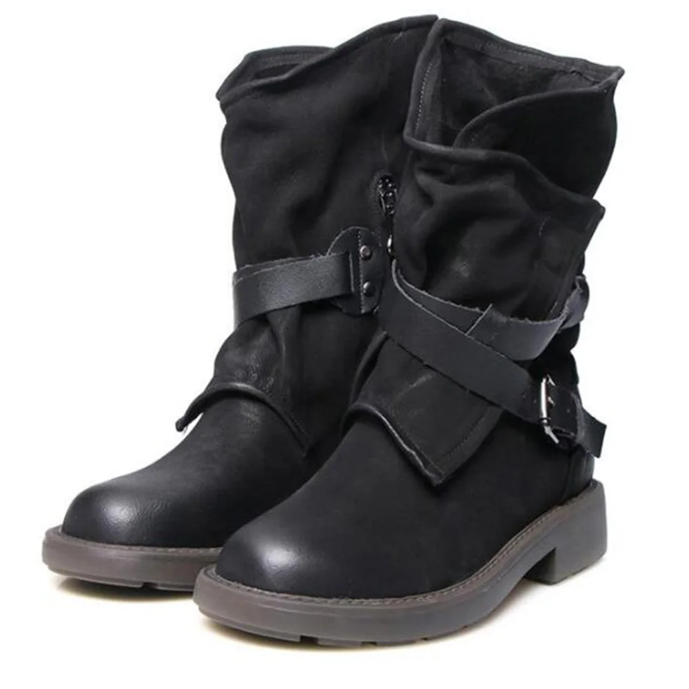 Женские ботинки до середины икры из искусственной кожи; Винтажные ботинки в байкерском стиле в стиле панк с пряжкой на ремешке; повседневная мягкая обувь на низком каблуке; женская зимняя обувь - Color: Black