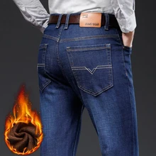 

Classic Style Winter Men's Warm Business Jeans Fashion Casual Denim Stretch Cotton Thick Fleece Denim Pants Male Brand Trousers