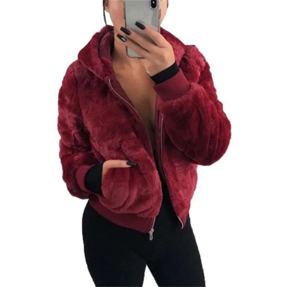 Женские теплые пальто размера плюс 5XL, флисовые меховые куртки, модные пушистые короткие женские куртки на молнии с капюшоном, верхняя одежда, повседневные топы