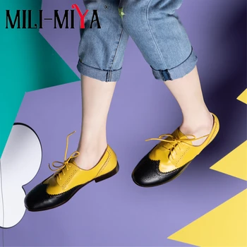

MILI-MIYA Classic Design Women Brogues Pumps Fashion British Style Cow Leather Lace-Up Round Toe Mixed Color Plus Size 34-42