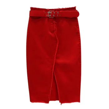 

Spring Summer Casual Women Lady Red Black Green High Waisted Tassel Stretch Pencil Denim Skirt , Womens Elastic Jeans Skirts