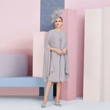 Elegant Knee Length 2 In 1 Mother Of The Bride Dress With Jackets Vintage Lace Pleat Scoop Neck Formal Gown Plus Size Custom