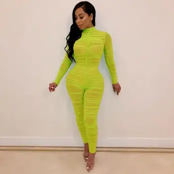 

2019 Sexy Ruched Perspective Mesh Romper Women Long Sleeve Party Jumpsuit Solid Skinny Bandage Plus Size Bodysuit