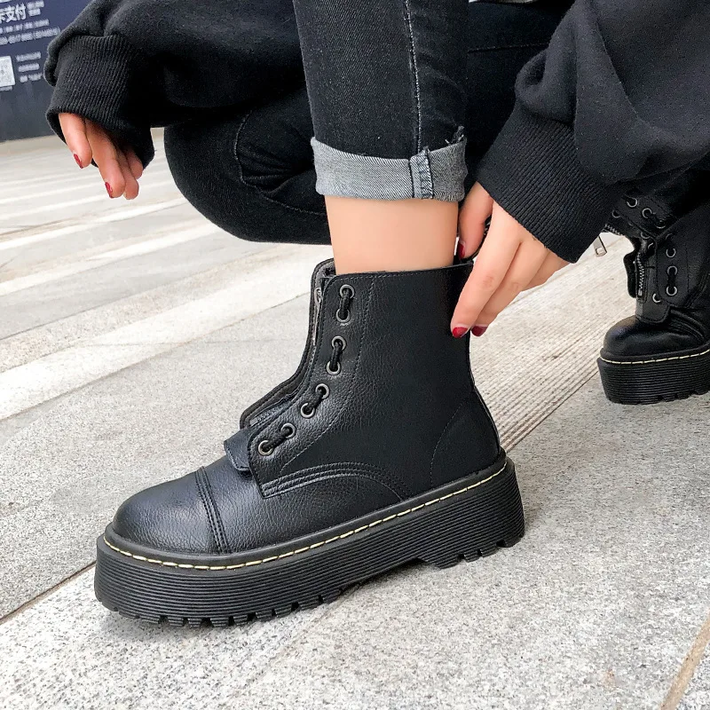 Cena Kobieta botas mujer jesienne buty damskie Martin buty Pu skóra moda marka panie obuwie miękkie wiązane na krzyż botki czarne