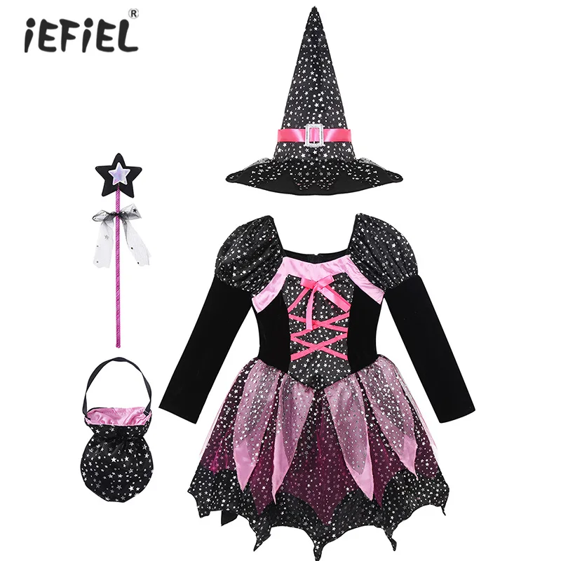 

Kids Girls Halloween Witch Costume Cosplay Outfit Long Sleeves Sparkly Silver Stars Printed Theme Party Dress with Hat Wand Bag