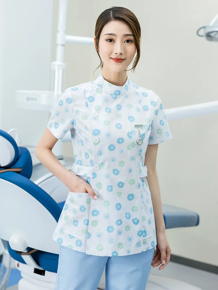 Maiza Nurse's Long Sleeve Women's Split Suit Round Neck Two Piece Floral Stomatologist's Work Suit