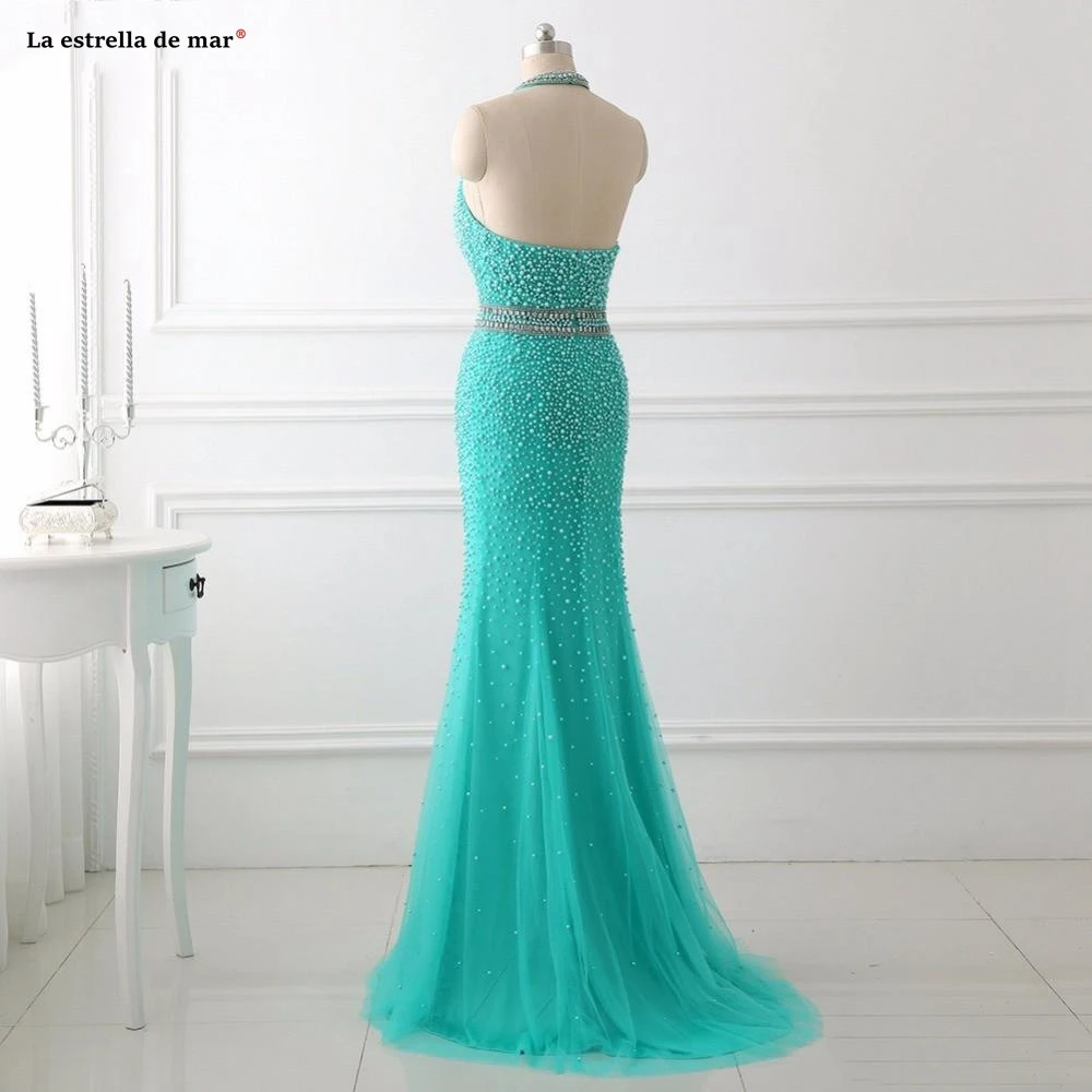 Vestidos de gala, новинка, Тюлевое, Жемчужное, с круглым вырезом, с открытой спиной, бирюзовое, сексуальное, Русалка, платья для выпускного вечера, длинное, торжественное, jurken, mezuniyet, elbiseleri