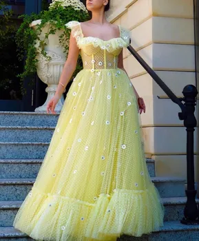 

Yellow Muslim Evening Dresses 2019 A-line Sweetheart Tulle Flowers Beaded Islamic Dubai Saudi Arabia Long Formal Evening Gown