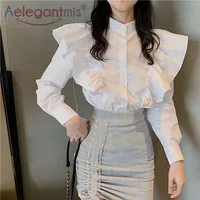Aelegantmis-Blusa con cuello de hoja de loto para mujer, camisa de oficina de manga acampanada elegante, partes de arriba fáciles de combinar, estilo de diseño, 2021