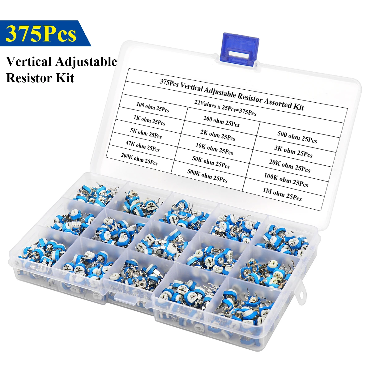 375Pcs Vertikale Einstellbaren Widerstand Assorted Kit 22 Werte x 25Pcs 100 ohm ~ 1M Trimpot Ariable Widerstand sortiment Kit – Detail 6